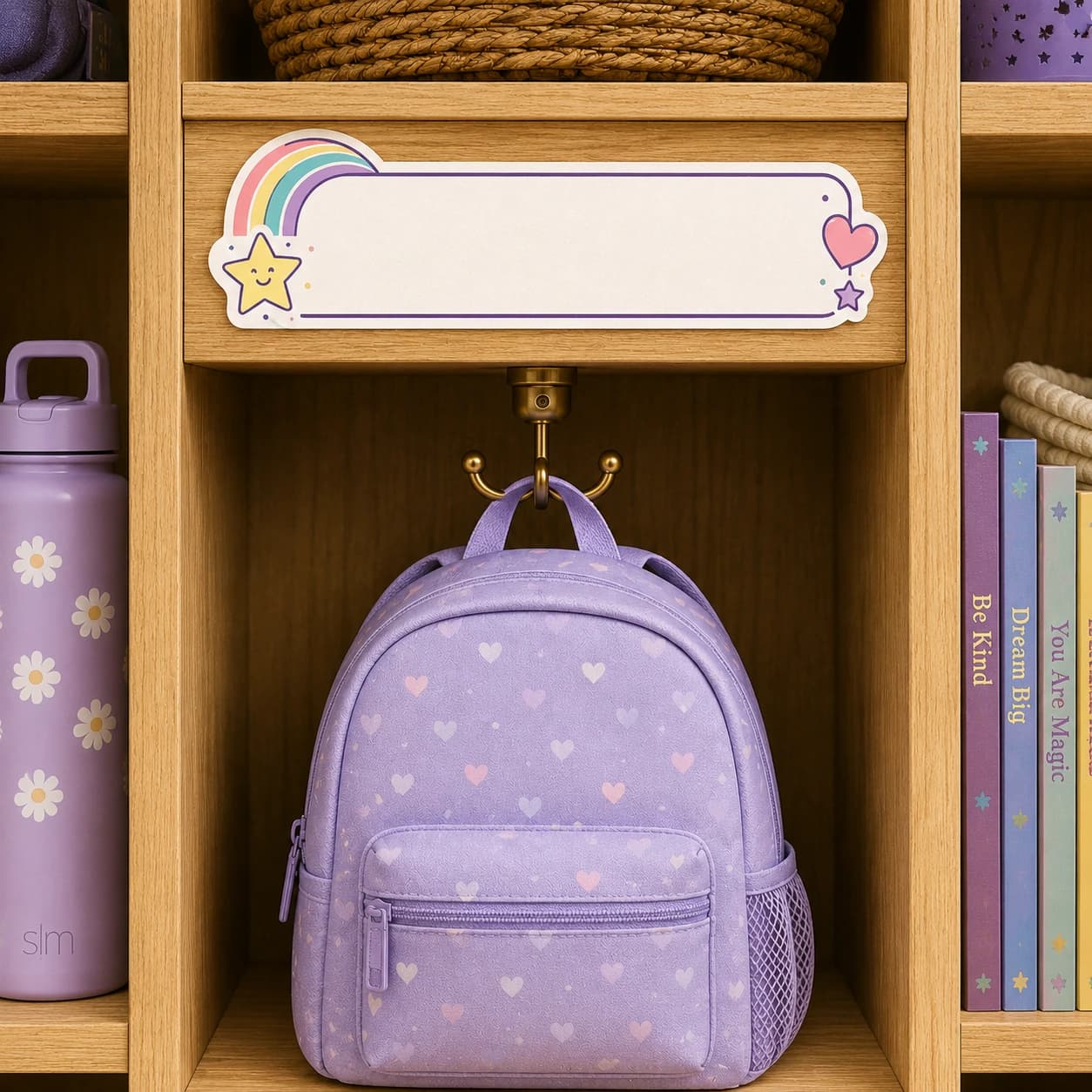 A child’s wooden cubby with a blank decorative name sticker and a lavender backpack.