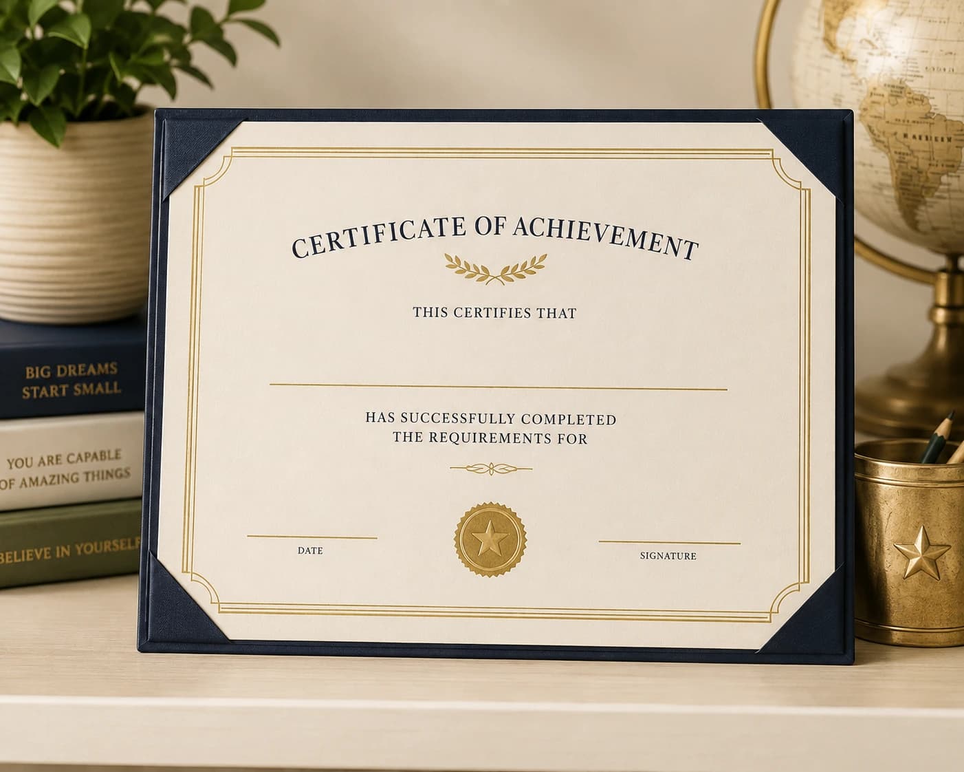 A framed certificate with a blank recipient line.