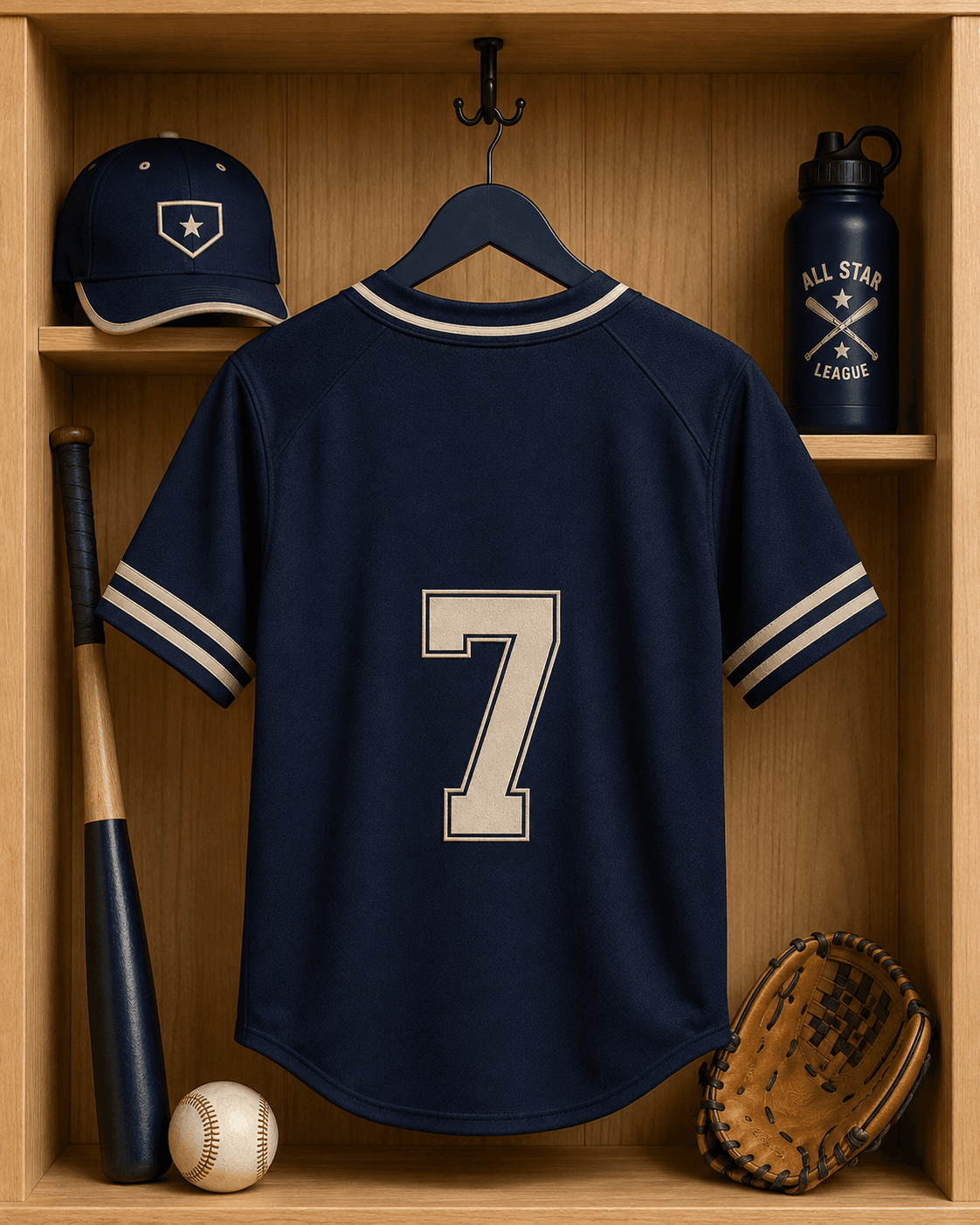 A blank youth sports jersey hanging inside a wooden locker.